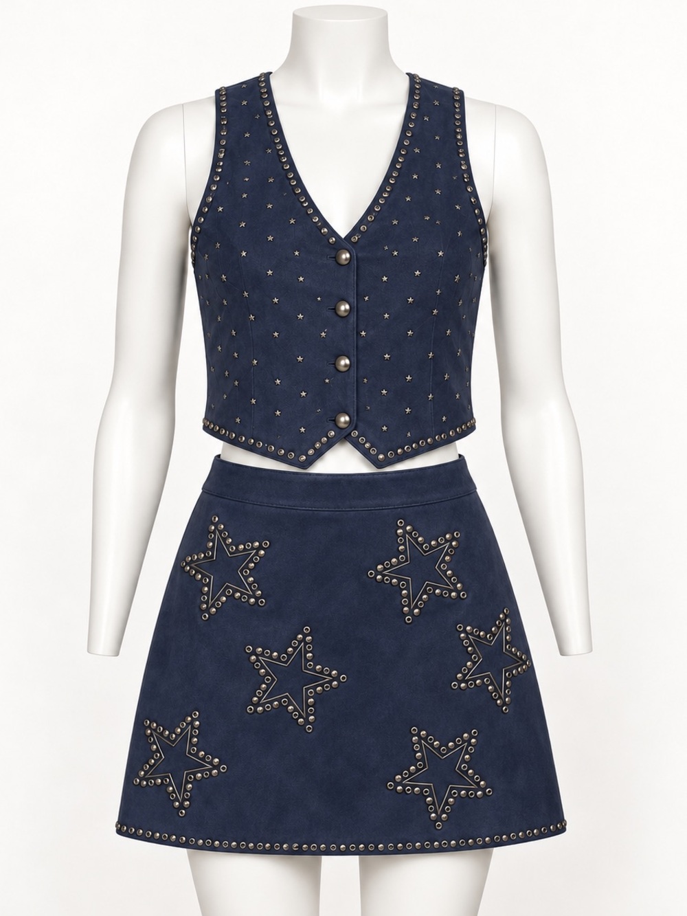 Idyllwind Navy Studded Star Suede Skirt and Vest